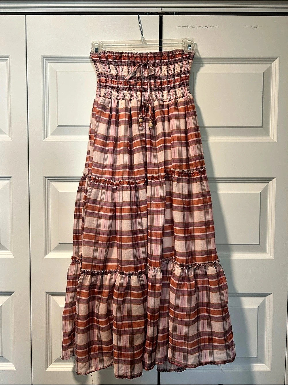 Plaid Tiered Ruffled Drawstring Maxi Skirt